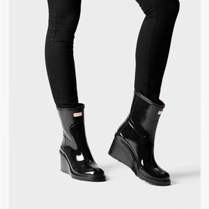 HUNTER Original Wellies Glossy Refined Wedge Rain Boots Black UK 4/EUR 36/US 6